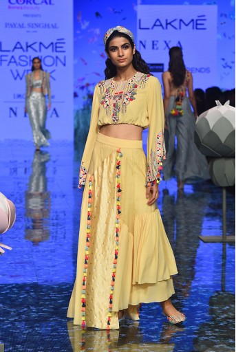 PS-FW720 Abisha Pale Yellow Crop Top with Asymmetric Skirt