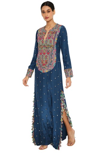 PS-KF0087  Adira Teal Blue Colour Mukaish Silk Embroidered Beyza Kaftan