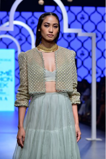 PS-FW478 Afrah Mint Net Bomber Jacket with Brocade Bustier and Organza Skirt