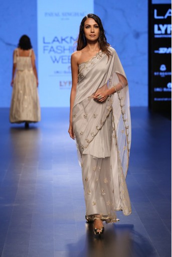PS-FW410 Afreen Dove Grey Silk Bustier with Net and silk Saree