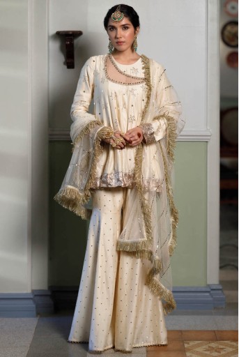 PS-KS0055  Afreen Stone Mukaish Silkmul Embroidered Kurta And Heavy Mukaish Silkmul Sharara With Mukaish Net Dupatta