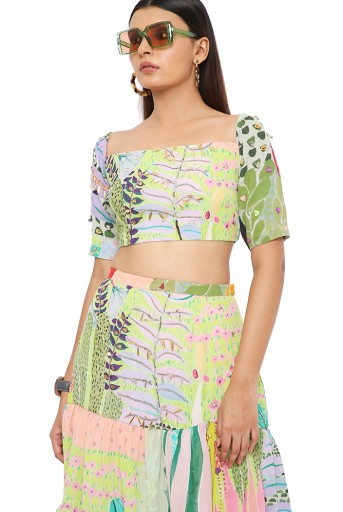 PS-CS0033-1 Agnes Tropical Print Georgette Embroidered Top With Layered Front Slit Skirt
