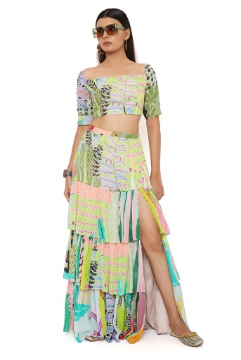 PS-CS0033-1 Agnes Tropical Print Georgette Embroidered Top With Layered Front Slit Skirt