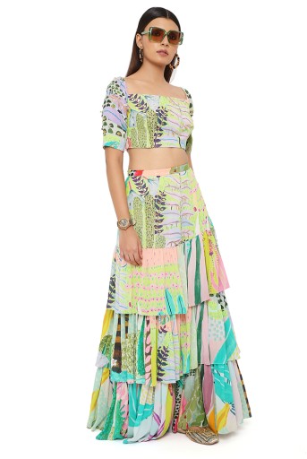 PS-CS0033  Agnes Tropical Print Georgette Embroidered Top With Layered Front Slit Skirt