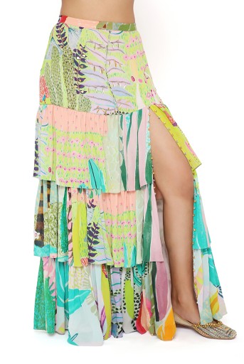 PS-CS0033  Agnes Tropical Print Georgette Embroidered Top With Layered Front Slit Skirt