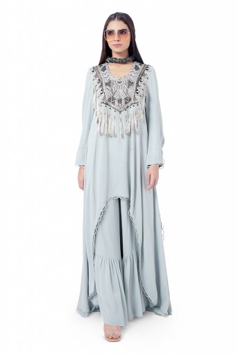 PS-FW746  Aiman Pale Blue Colour Georgette Embroidered High-Low Kurta with Frill Palazzo and Black Colour Chanderi Stripe Dupatta