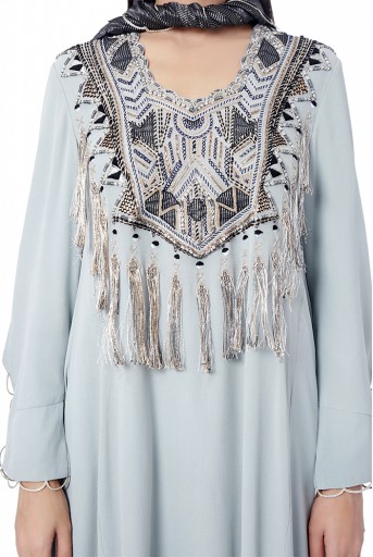 PS-FW746  Aiman Pale Blue Colour Georgette Embroidered High-Low Kurta with Frill Palazzo and Black Colour Chanderi Stripe Dupatta