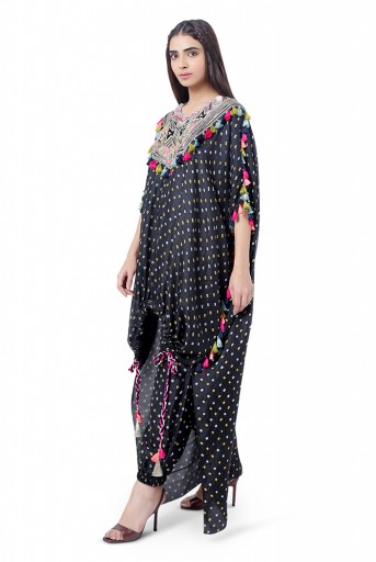 PS-FW749  Aizize Black Colour Bandhani Silk Yoke Embroidered Kaftan with Drawstring Details and Jogger Pant