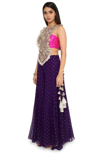 PS-CS0014  Alaine Hot Pink Colour Georgette Yoke Embroidered Bandhani Bustier And Purple Georgette Frill Sharara