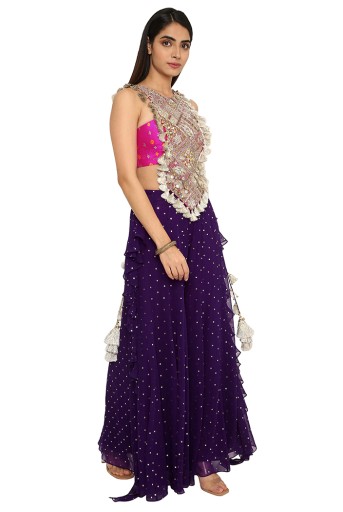 PS-CS0014  Alaine Hot Pink Colour Georgette Yoke Embroidered Bandhani Bustier And Purple Georgette Frill Sharara