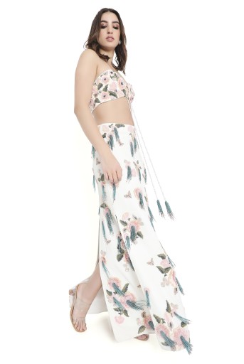 PS-CS0118  Alessia Off White Embroidered Front Back Tie-Up Bustier And Skirt With Slits