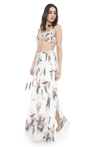 PS-CS0118  Alessia Off White Embroidered Front Back Tie-Up Bustier And Skirt With Slits