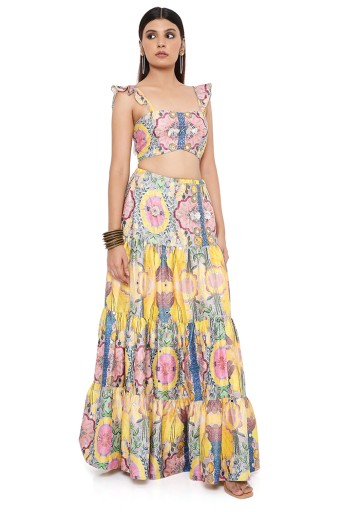 PS-TS0017  Alice Yellow Enchanted Print Dupion Silk Embroidered Bustier And Layered Skirt