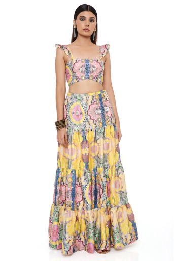 PS-TS0017  Alice Yellow Enchanted Print Dupion Silk Embroidered Bustier And Layered Skirt