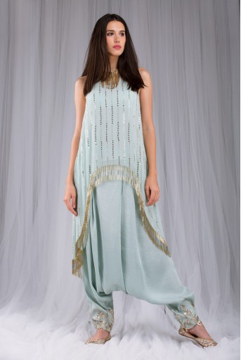 PS-FW420R Alina Powder Blue Mukaish Georgette Tunic with Silk Low Crotch Pant