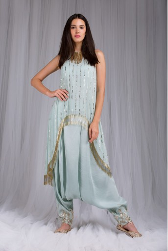 PS-FW420R Alina Powder Blue Mukaish Georgette Tunic with Silk Low Crotch Pant