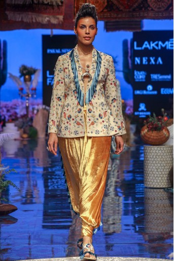 PS-FW648 Almir Stone Georgette Jacket with Mustard Yellow Velvet low Crotch Pant
