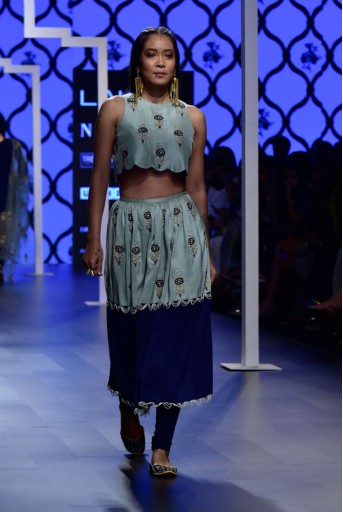 PS-FW488 Amal Mint Silk Crop Top with Navy and Mint Skirt with attached Soft Net Churidar