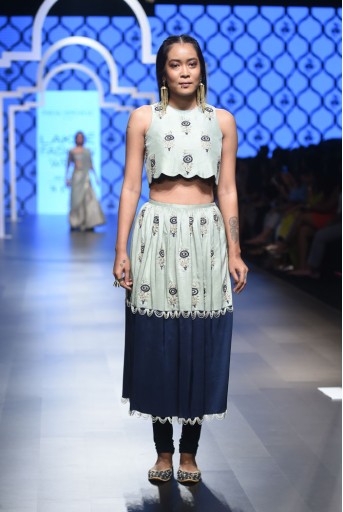 PS-FW488 Amal Mint Silk Crop Top with Navy and Mint Skirt with attached Soft Net Churidar