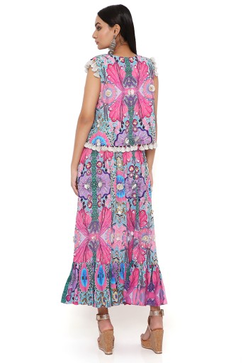 PS-JK0060  Amalie Pink Bandhani Silk Embroidered Bustier With Pink Enchanted Print Crepe Embroidered Jacket And Skirt