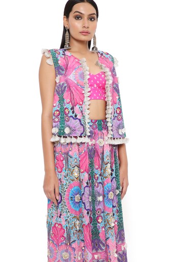 PS-JK0060  Amalie Pink Bandhani Silk Embroidered Bustier With Pink Enchanted Print Crepe Embroidered Jacket And Skirt
