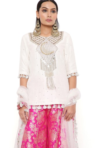 PS-KS0030  Amaya Off White Abla Silk Embroidered Yoke Kurta With Hot Pink Brocade Sharara And Off White Mukaish Net Dupatta