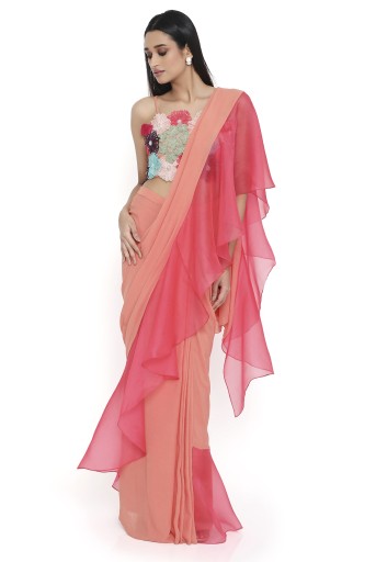 PS-SR0066  Amore Peach Georgette 3D Floral Embroidered Choli And Saree With Coral Ruffle Pallu