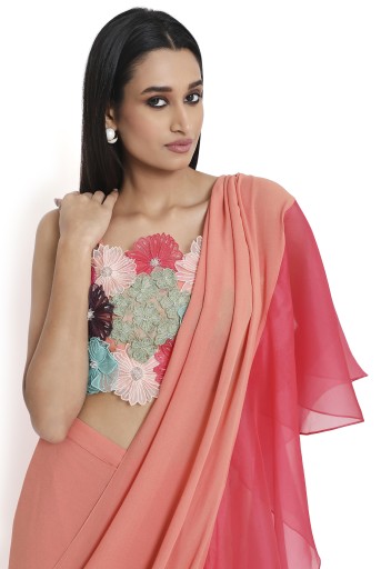 PS-SR0066  Amore Peach Georgette 3D Floral Embroidered Choli And Saree With Coral Ruffle Pallu