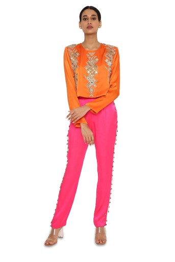 PS-PT0034-2 Amynah Orange Colour Satin Embroidered Top With Hot Pink Satin Pants