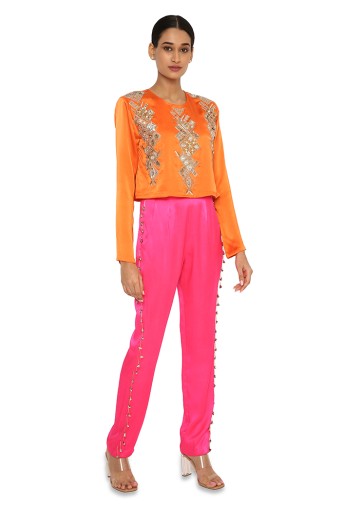 PS-PT0034-2 Amynah Orange Colour Satin Embroidered Top With Hot Pink Satin Pants