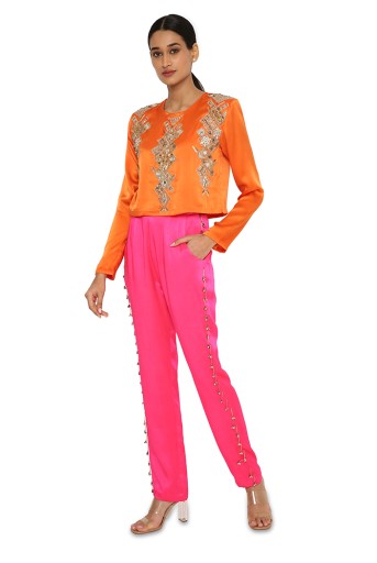 PS-PT0034  Amynah Orange Colour Satin Embroidered Top With Hot Pink Satin Pants