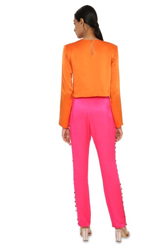 PS-PT0034  Amynah Orange Colour Satin Embroidered Top With Hot Pink Satin Pants