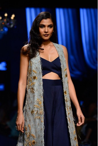 PS-FW447 Amyra Powder Blue net Jacket with Navy Silk Jumpsuit