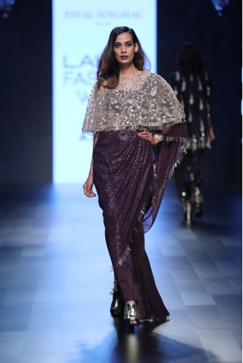 PS-FW427 Anita Purple Silk and mukaish Georgette Saree with Silk Bustier and Stone Net Cape