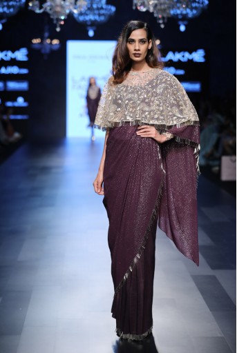 PS-FW427 Anita Purple Silk and mukaish Georgette Saree with Silk Bustier and Stone Net Cape