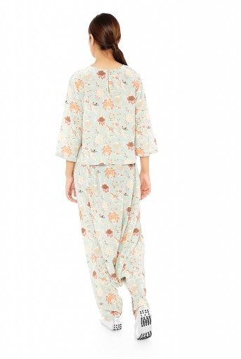PS-PT0011  Aqua Colour Printed Crepe Top with Low Crotch Pant and Matching Reversible 3 Ply Mask with Hairband and Pouch
