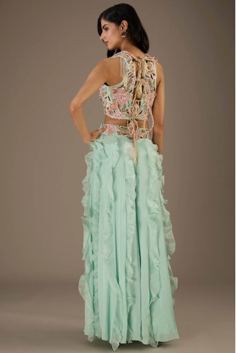 PS-CS0122-C  Aqua Embroidered Back Tie-Up Choli And Embroidered Belt Ruffled Sharara