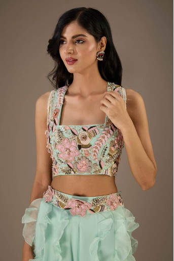 PS-CS0122-C  Aqua Embroidered Back Tie-Up Choli And Embroidered Belt Ruffled Sharara