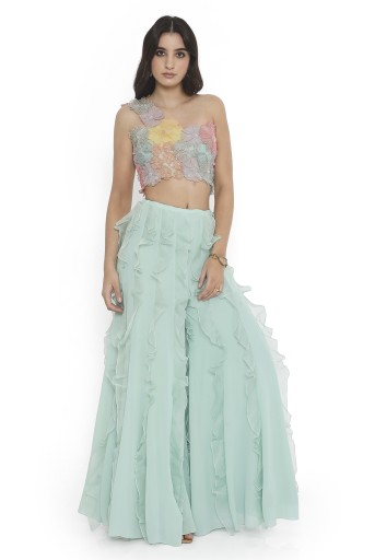 PS-CS0133-E  Aqua Embroidered One Shoulder Choli And Ruffled Sharara