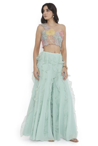 PS-CS0133-E  Aqua Embroidered One Shoulder Choli And Ruffled Sharara