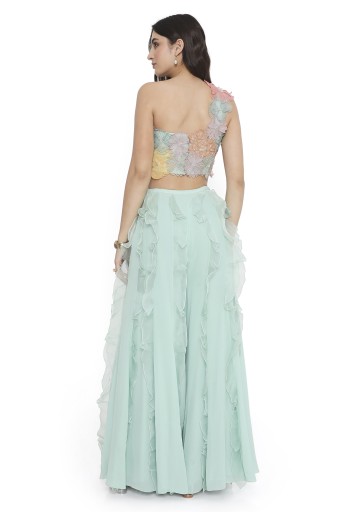 PS-CS0133-E  Aqua Embroidered One Shoulder Choli And Ruffled Sharara