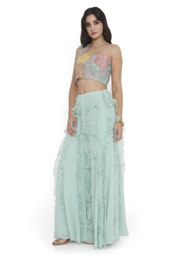 PS-CS0133-E  Aqua Embroidered One Shoulder Choli And Ruffled Sharara