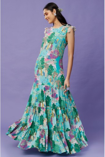 PS-DR0023-C  Aqua Kuno Print Crepe Front Embroidered Dress