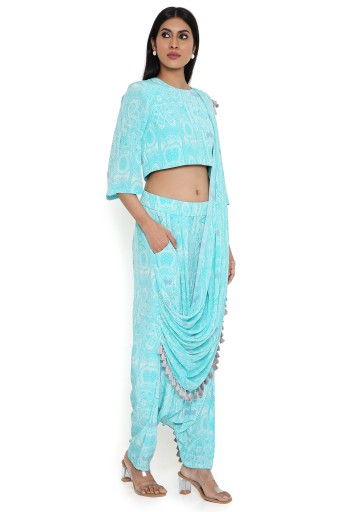 PS-ST1188-LLL  Aqua Ps Print Crepe Top And  Lowcrotch Pant With Attached Drape Pant