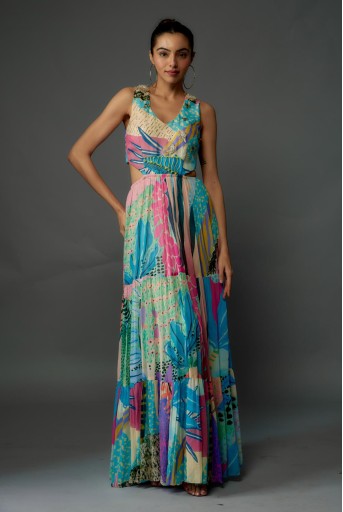 PS-DR0032-E  Aqua Tropical Print Art Georgette Embroidered Cut-Out Dress