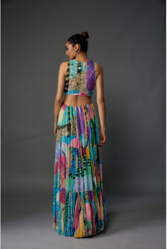 PS-DR0032-E  Aqua Tropical Print Art Georgette Embroidered Cut-Out Dress