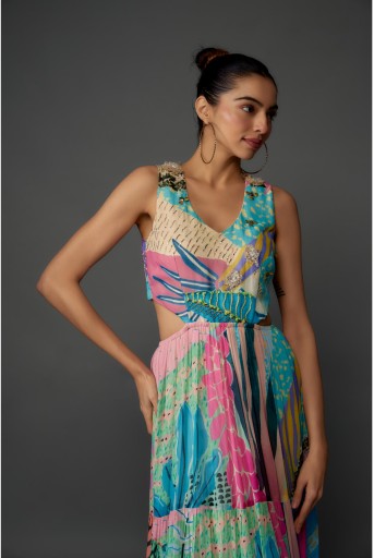 PS-DR0032-E-1  Aqua Tropical Print Art Georgette Embroidered Cut-Out Dress
