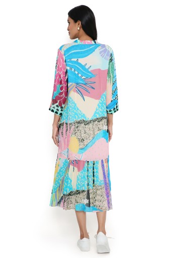 PS-DR0036-C  Aqua Tropical Print Art Georgette Shirt Dress