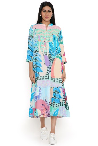 PS-DR0036-C  Aqua Tropical Print Art Georgette Shirt Dress