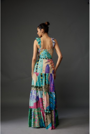 PS-TS0017-E  Aqua Tropical Print Dupion Silk Embroidered Bustier & Layered Skirt